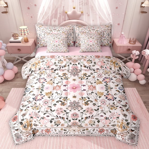 Feelyou Pink Flower Women Twin Bedding Sets 7-Piece, Vintage Boho Floral Bedding Comforter Set, Mandala Cherry Blossoms Reversible Sheet Sets, Ultra Soft Bedroom Decor