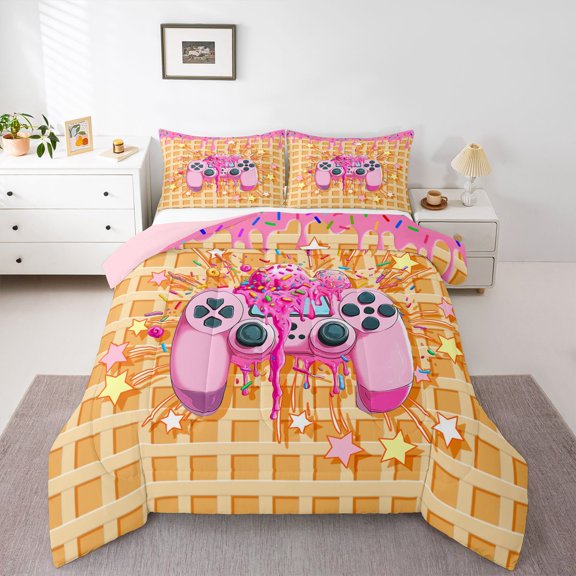 Feelyou Pink Gamepad Kids Twin Comforter Sets, Ice Cream Stars Bedding Set, 2 Pieces