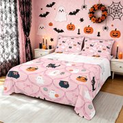Feelyou Pink Ghost Pumpkin Bed Sheets, Cute Halloween Cat Bowknot Full Size Sheets, 4 Pieces, 1 Flat Sheet, 1 Fitted Sheet and 2 Pillowcases