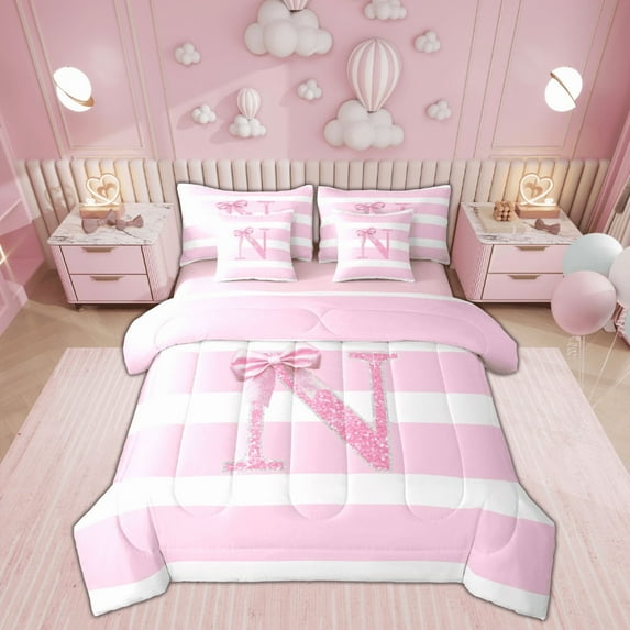 Feelyou Pink Glitter N Bedding Comforter Set 7pcs, Initial Letter A to Z Queen Bedding Sets, Kawaii Cartoon Style Reversible Queen Sheet Sets, Ultra Soft Home Decor