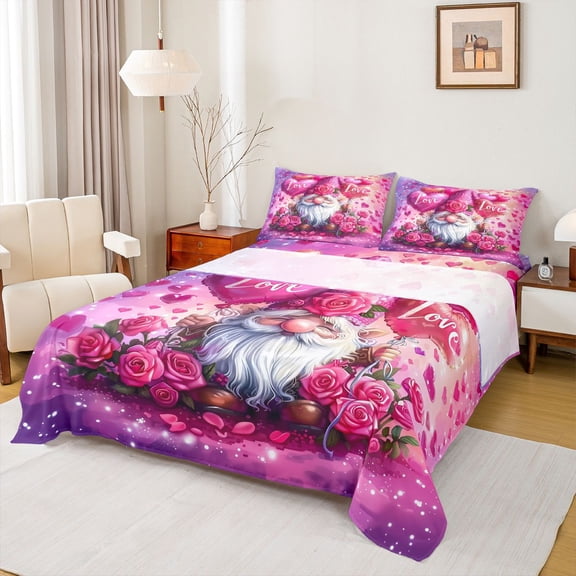 Feelyou Pink Gnome Bed Sheets, Romantic Anniversary Rose King Sheets, 4pcs