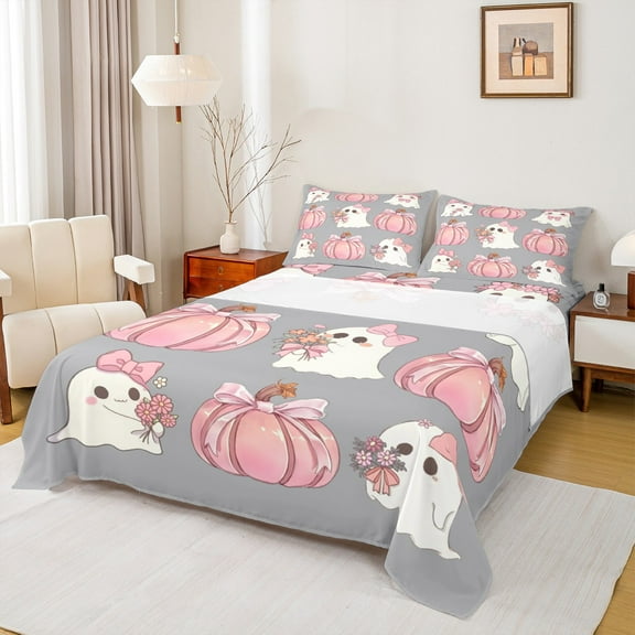 Feelyou Pink Grey Pumpkin Twin Sheet Sets, Kawaii Sguar Halloween Ghost Twin Fitted Sheet, Teen Kid Child Flat Sheet, Microfiber Bedroom Decor, 3pcs