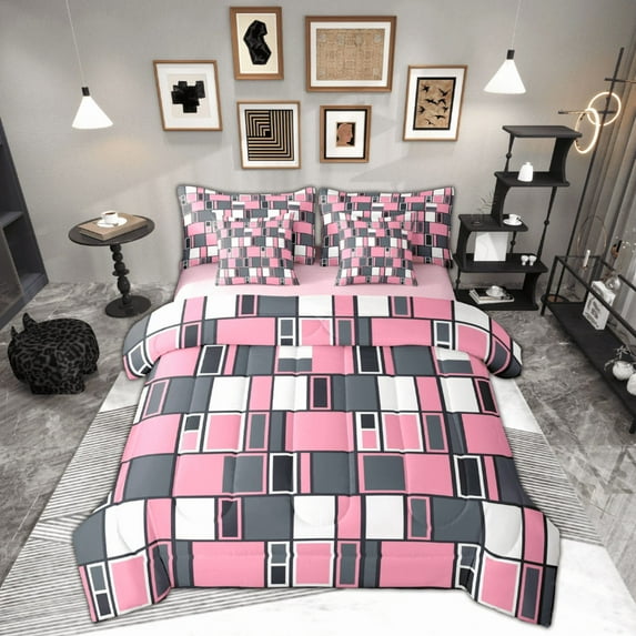 Feelyou Pink Grey Rectangle Bedding Comforter Set 7pcs, Contemporary Fashion King Bedding Sets, Geometric Abstract Reversible Bed Sheets, Luxury Bedroom Decor