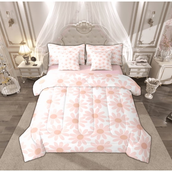 Feelyou Pink Groovy Flower Bedding Comforter Set 7-Piece for Girls, Rustic Daisy Floral King Bedding Sets, Vibrant Plant Reversible Bed Sheets, Microfiber Bedroom Decor