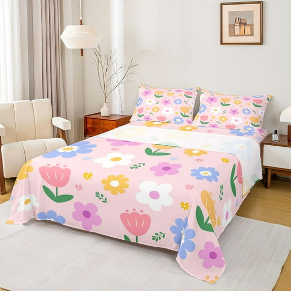 Feelyou Pink Groovy Flower Full Size Sheets, Kawaii Cartoon Floral Bed Sheets, Teens Kids Girls Women Sheet Sets, Breathable Home Decor, 4-Piece