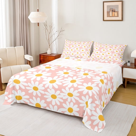 Feelyou Pink Groovy Flower Full Size Sheets for Girls, Rustic Daisy Floral Bed Sheets, Vibrant Plant Sheet Sets, Microfiber Bedroom Decor, 4pcs