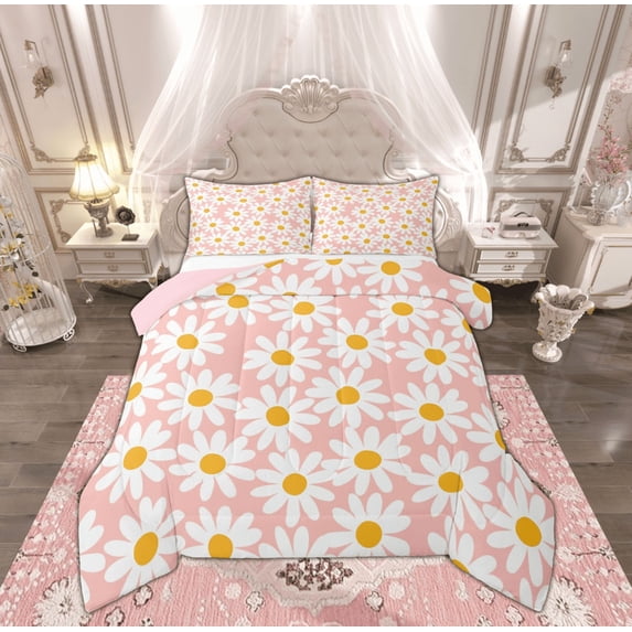 Feelyou Pink Groovy Flower Queen Comforter Set for Girls, Rustic Daisy Floral Bedding Sets, Vibrant Plant Reversible Bedding Comforter Set, Microfiber Bedroom Decor, 3pcs