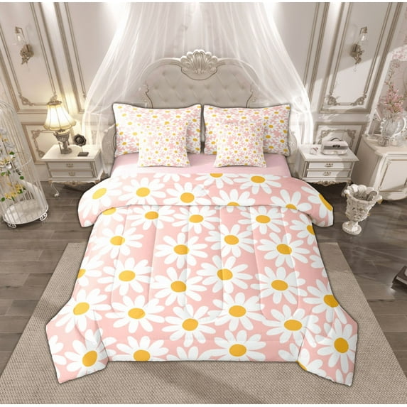 Feelyou Pink Groovy Flower Twin Bedding Sets 7-Piece for Girls, Rustic Daisy Floral Bedding Comforter Set, Vibrant Plant Reversible Sheet Sets, Microfiber Bedroom Decor