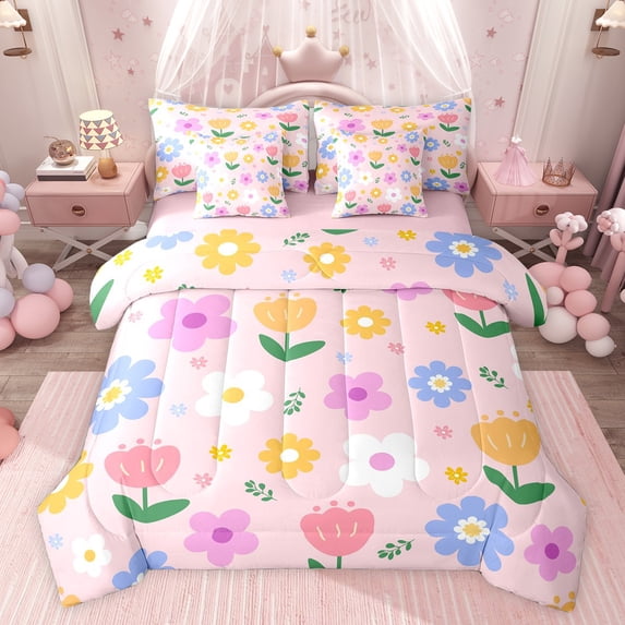 Feelyou Pink Groovy Flower Twin Bedding Sets 7-Piece, Kawaii Cartoon Floral Bedding Comforter Set, Teens Kids Girls Women Reversible Sheet Sets, Breathable Home Decor