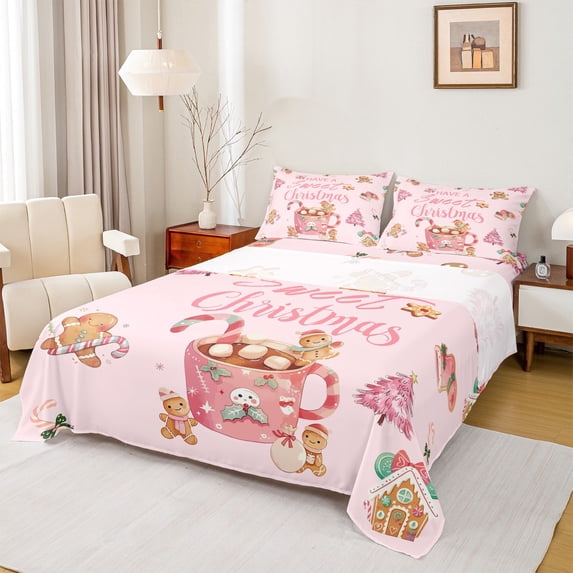 Feelyou Pink Happy Christmas Full Size Sheets for Kid, Kawaii Gingerbread Man Bed Sheets, Coffee Dessert Sheet Sets, Luxury Bedroom Decor, 4-Piece