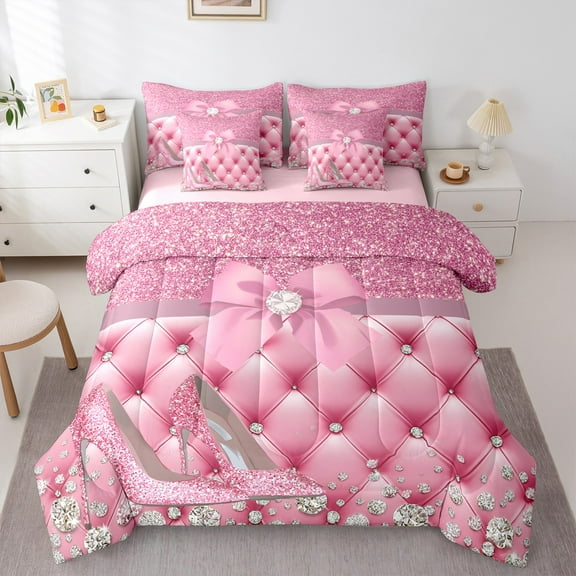 Feelyou Pink High Heel Bedding Comforter Set 7 Pieces for Girls, Princess Sequin Print Full Bedding Set, Chic Glitter Diamond Reversible Fitted Sheet Flat Sheet, Lightweight Room Decor