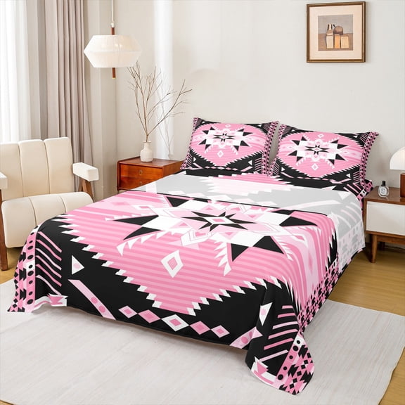 Feelyou Pink Hippie Aztec Bed Sheets for Women, Tribal Triangle Stripes King Sheets, Vintage Bohemian Style Sheet Set, Lightweight Room Decor, 4 Pieces
