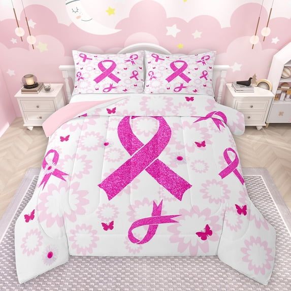 Feelyou Pink Hope Ribbon Queen Comforter Set for Teen, Flower Floral Print Bedding Sets, Cartoon Butterfly Animal Reversible Bedding Comforter Set, Lightweight Room Decor, 3pcs