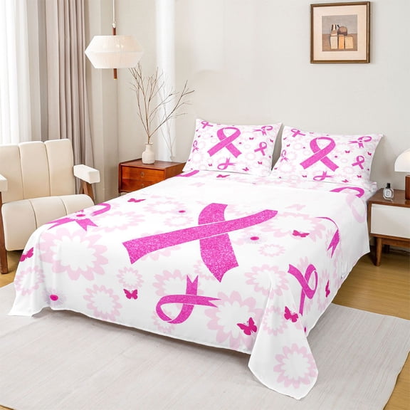 Feelyou Pink Hope Ribbon Twin Sheet Sets for Teen, Flower Floral Print Twin Fitted Sheet, Cartoon Butterfly Animal Flat Sheet, Lightweight Room Decor, 3pcs