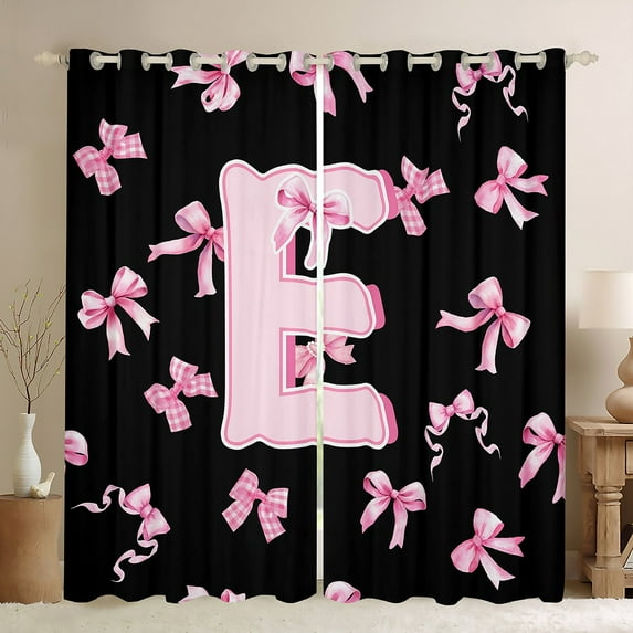 Feelyou Pink Initial E Letter Curtains Pack of 2 (42x84 Each), Princess Cartoon Ribbon Curtains Blackout, Fashion Buffalo Bowknot Bedroom Curtains, Blackout Curtains Bedroom Decor