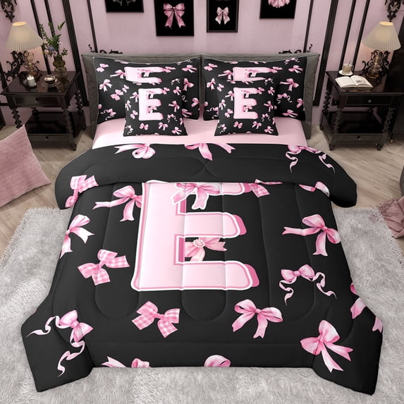 Feelyou Pink Initial E Letter Twin Bedding Sets 7-Piece, Princess Cartoon Ribbon Bedding Comforter Set, Fashion Buffalo Bowknot Reversible Sheet Sets, Luxury Bedroom Decor