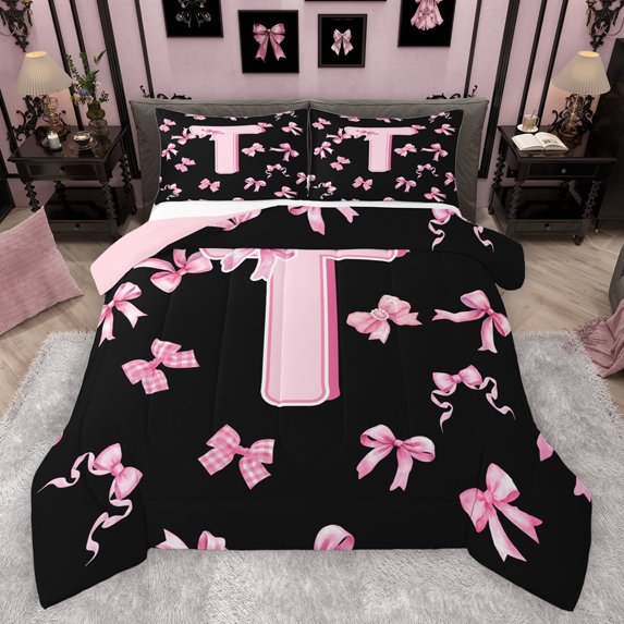 Feelyou Pink Initial T Letter Queen Comforter Set, Princess Cartoon Ribbon Bedding Sets, Fashion Buffalo Bowknot Reversible Bedding Comforter Set, Ultra Soft Bedroom Decor, 3-Piece
