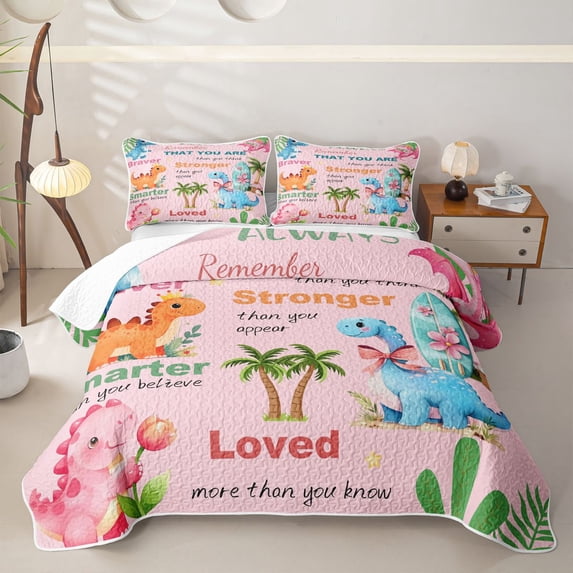 Feelyou Pink Kawaii Dinosaur Quilt Full for Girls, Cartoon Tropic Wildlife Full Bedspread Sets, Pink, 3 Pieces