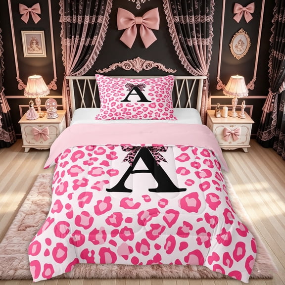 Feelyou Pink Leopard Letter A Twin Comforter Sets for Girls, Fashion Cheetah Print Bow 02, Pink Reversible, 2-Piece, 1 Comforter and 1 Pillowcase