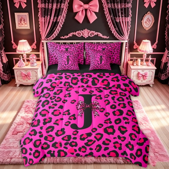 Feelyou Pink Leopard Letter J Twin Bedding for Girls, Fashion Cheetah Print Bow Bedding Comforter Set, Black Reversible, 7 Pieces