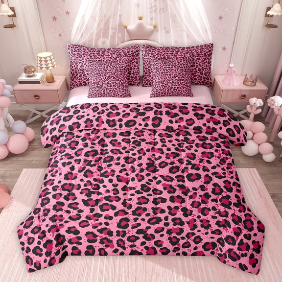 Feelyou Pink Leopard Print Bedding Comforter Set 7pcs, Modern Fashion Polkadots King Bedding Sets, Cheetah Wildlife Reversible Bed Sheets, Breathable Home Decor