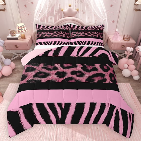 Feelyou Pink Leopard Print Twin Comforter Sets, Zebra Cheetah Wildlife Bedding Set, 2pcs