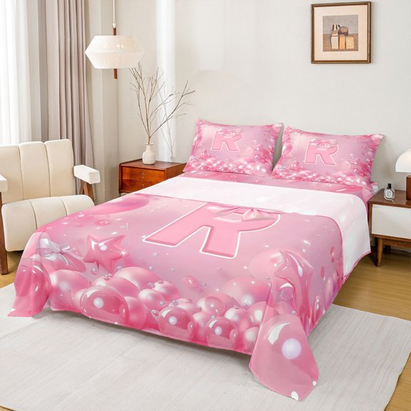 Feelyou Pink Letter R Twin Sheet Sets, Fairy Princess Bowknot Bedding, 3 Pieces