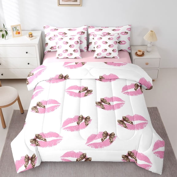 Feelyou Pink Lips Print Comforter Set 7pcs, Fashion Bowknot Ribbon King Bedding Sets
