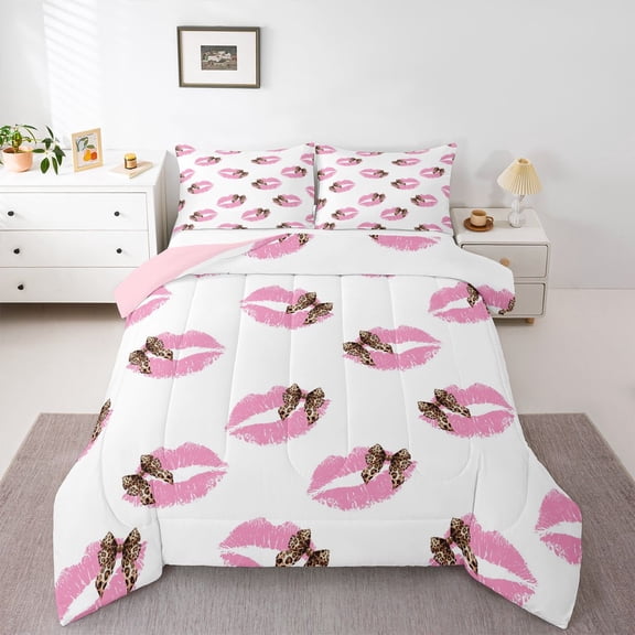 Feelyou Pink Lips Print Queen Comforter Set, Fashion Bowknot Ribbon Bedding Set, 3pcs