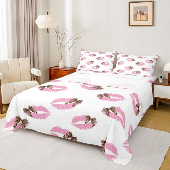 Feelyou Pink Lips Print Queen Sheet Sets, Fashion Bowknot Ribbon Bed Set, 4-Piece