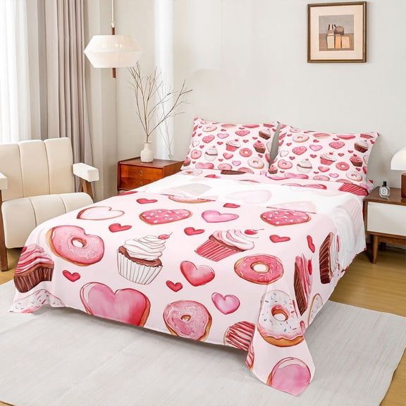 Feelyou Pink Love Heart Bed Sheets, Dessert Cake Donut King Sheets, 4pcs