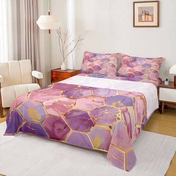 Feelyou Pink Marble Ombre Twin Sheet Sets, Gold Honeycomb Abstract Twin Fitted Sheet, Teens Adult Girls Women Flat Sheet, Luxury Bedroom Decor, 3pcs