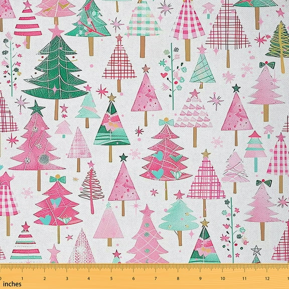Feelyou Pink Merry Christmas Fabric by the Yard 1 Yard, Cartoon Green Tree Sewing Fabric, Kids Teens Boys Girls Home Decor Fabric by the Yard, Ultra Soft Home Decor
