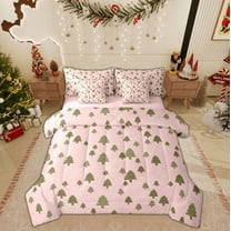 Feelyou Pink Merry Christmas Twin Bedding Sets 7-Piece, Cartoon Green Tree Bedding Comforter Set, Kids Teens Boys Girls Reversible Sheet Sets, Luxury Bedroom Decor