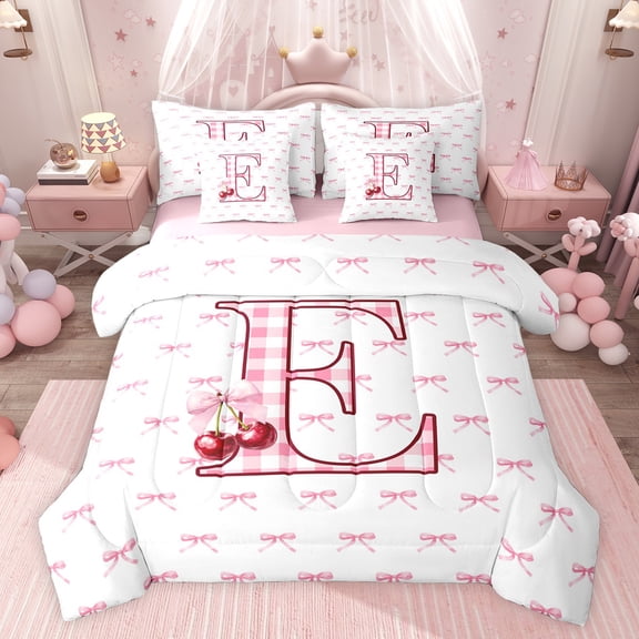Feelyou Pink Monogrammed E Bedding Comforter Set 7 Pieces, Cartoon Bowknot Cherry Full Bedding Set, Chic Watercolor Bow-tie Reversible Fitted Sheet Flat Sheet, Ultra Soft Bedroom Decor