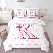 Feelyou Pink Monogrammed K Twin Bedding Sets 7-Piece, Cartoon Bowknot Cherry Bedding Comforter Set, Chic Watercolor Bow-tie Reversible Sheet Sets, Ultra Soft Bedroom Decor