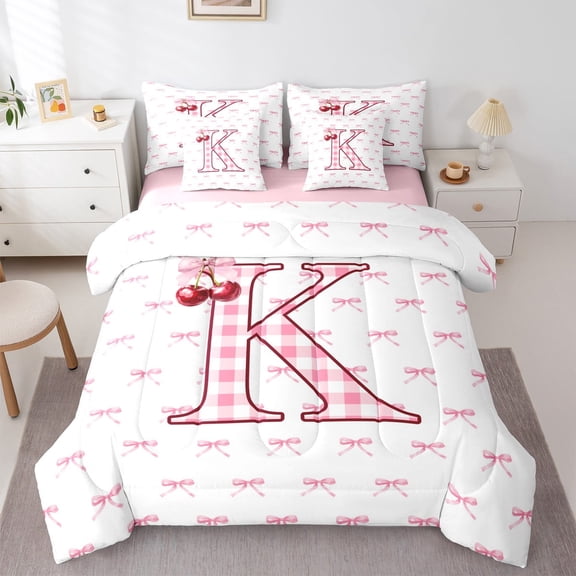 Feelyou Pink Monogrammed K Twin Bedding Sets 7-Piece, Cartoon Bowknot Cherry Bedding Comforter Set, Chic Watercolor Bow-tie Reversible Sheet Sets, Ultra Soft Bedroom Decor