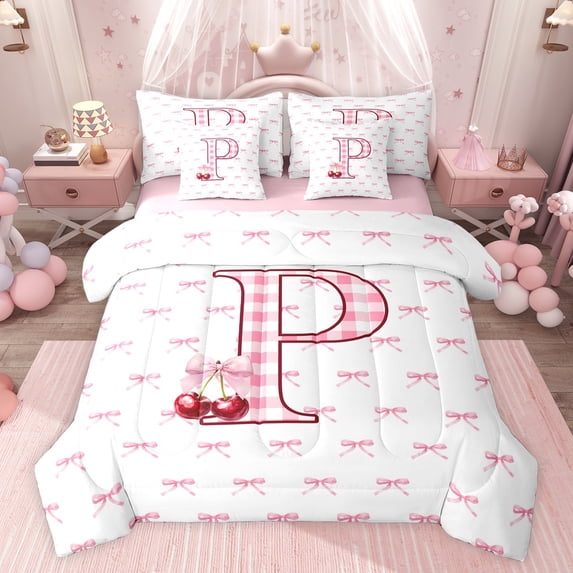 Feelyou Pink Monogrammed P Bedding Comforter Set 7pcs, Cartoon Bowknot Cherry King Bedding Sets, Chic Watercolor Bow-tie Reversible Bed Sheets, Breathable Home Decor