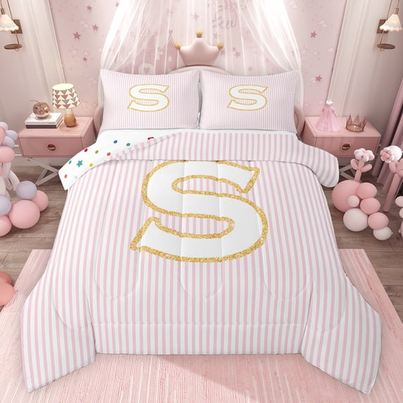 Feelyou Pink Monogrammed S Bedding Comforter Set for Kids, Fashion Stripes Lines Twin Comforter Sets, Gold Sequin Print Reversible Bedding Set, Luxury Bedroom Decor, 2 Pieces