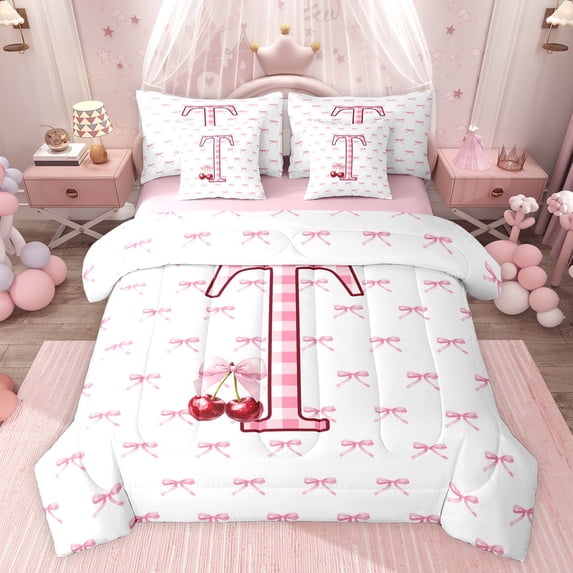 Feelyou Pink Monogrammed T Bedding Comforter Set 7pcs, Cartoon Bowknot Cherry Queen Bedding Sets, Chic Watercolor Bow-tie Reversible Queen Sheet Sets, Luxury Bedroom Decor