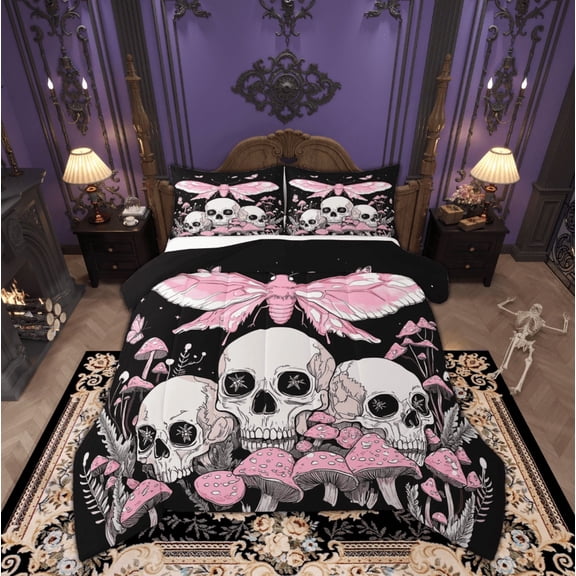 Feelyou Pink Moth Full Size Comforter Sets for Kids, Skull Mushroom Bedding Comforter Set, Rustic Farmhouse Reversible Bedding Sets, Luxury Bedroom Decor,3-Piece