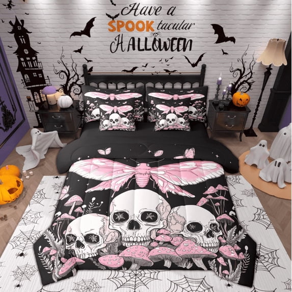 Feelyou Pink Moth Twin Bedding Sets 7-Piece for Kids, Skull Mushroom Bedding Comforter Set, Rustic Farmhouse Reversible Sheet Sets, Luxury Bedroom Decor