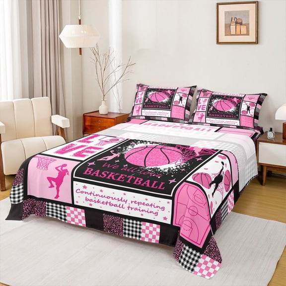 Feelyou Pink Patchwork Basketball Queen Sheets for Girls, Sport Lover Queen Sheet Sets, 4pcs, 1 Flat Sheet, 1 Fitted Sheet and 2 Pillowcases
