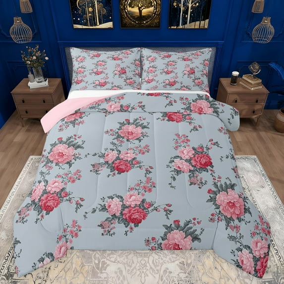 Feelyou Pink Peony Flower Full Size Comforter Sets for Female, Romantic Floral Bedding Comforter Set, Retro Bohemian Fashion Reversible Bedding Sets, Luxury Bedroom Decor, 3pcs