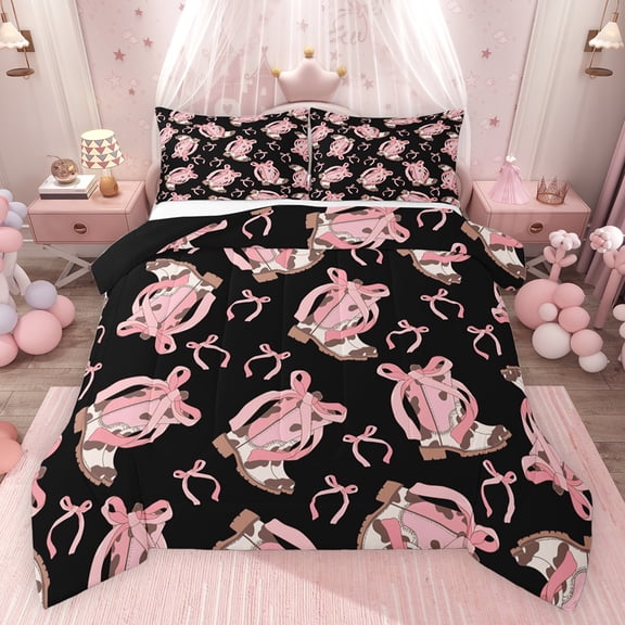 Feelyou Pink Princess Boot Bedding Comforter Set for Girl, Western Cowgirl Twin Comforter Sets, Cartoon Ribbon Bow Reversible Bedding Set, Breathable Home Decor, 2pcs