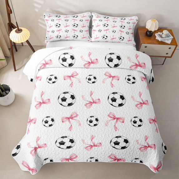Feelyou Pink Princess Bow Quilt King for Girls, Cartoon Football Print King Coverlet Set, 3pcs