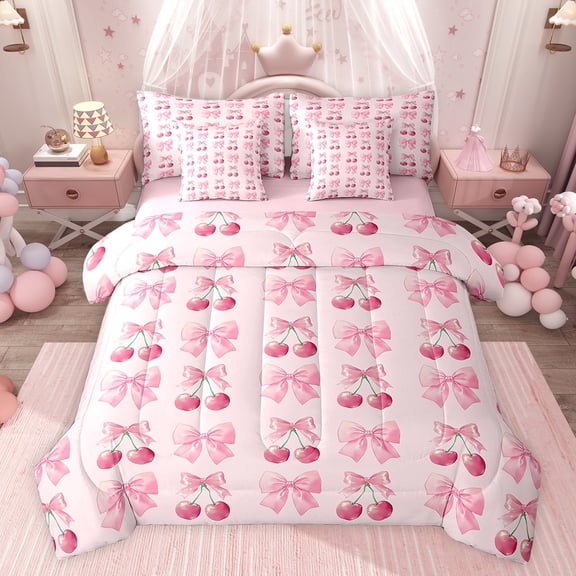 Feelyou Pink Princess Bow Twin Bedding Sets 7-Piece, Cartoon Bow-tie Cherry Bedding Comforter Set, Fairy Tale Ribbon Style Reversible Sheet Sets, Super Cozy Room Decor