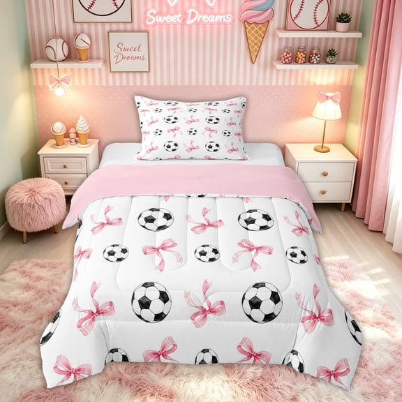 Feelyou Pink Princess Bow Twin Comforter Sets for Girls, Cartoon Football Print Bedding Set, Pink Reversible, 2pcs, 1 Comforter and 1 Pillowcase