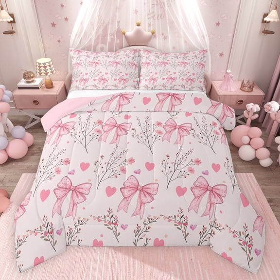 Feelyou Pink Princess Bow-tie Full Size Comforter Sets for Kids, Kawaii Love Heart Bedding Comforter Set, Spring Flower Floral Reversible Bedding Sets, Microfiber Bedroom Decor, 3 Pieces