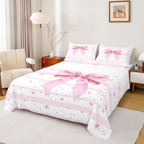 Feelyou Pink Princess Bowknot Bed Sheets, Cartoon Stars Lines King Sheets, 4pcs